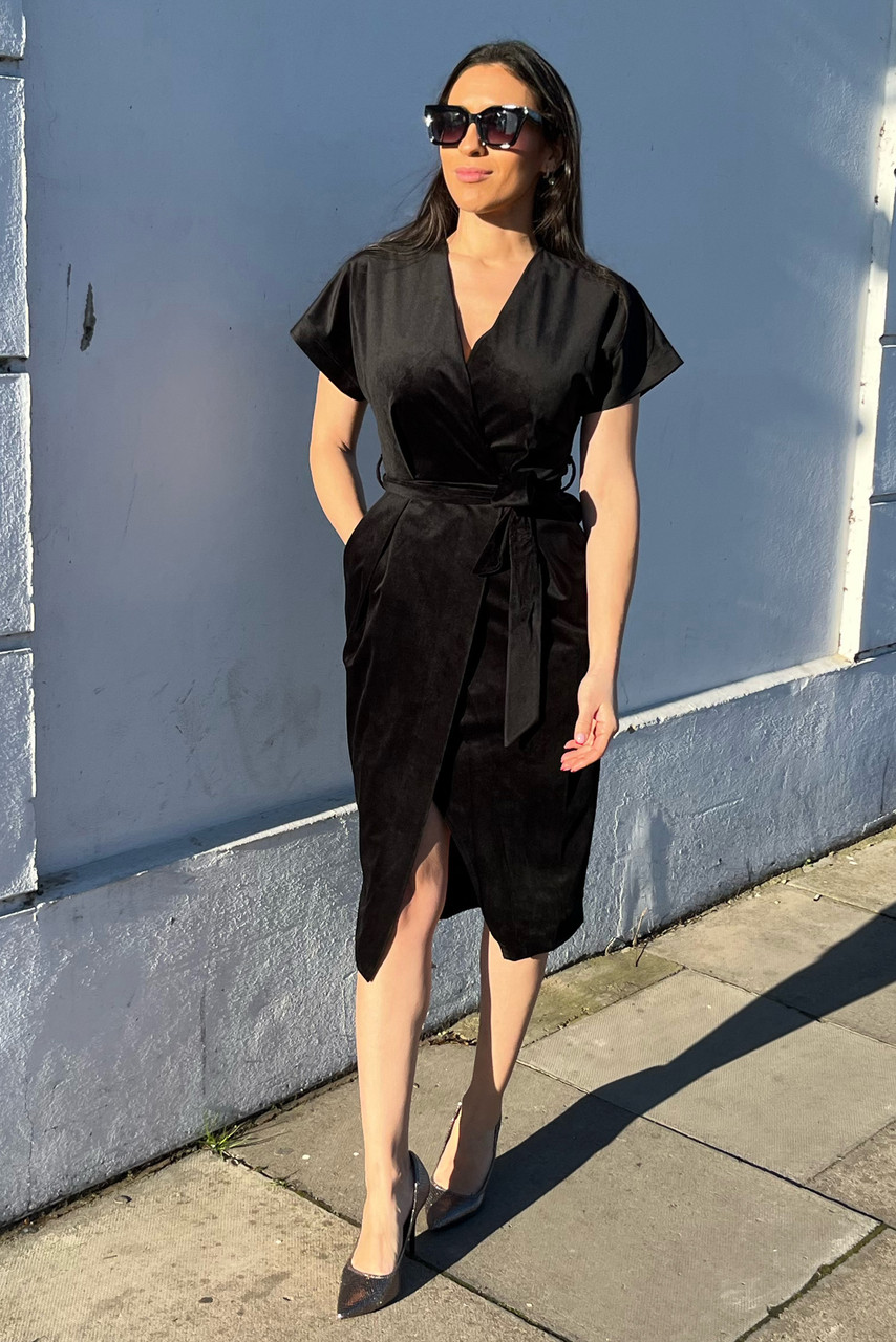 Closet London Black Kimono Wrap Over Velvet Dress