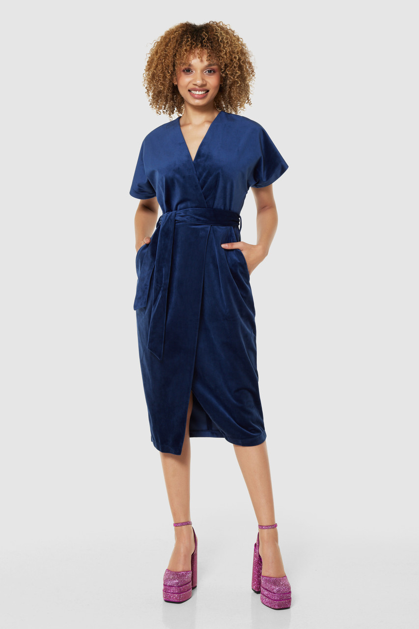 Closet London Navy Blue Velvet Kimono Wrap Over Dress