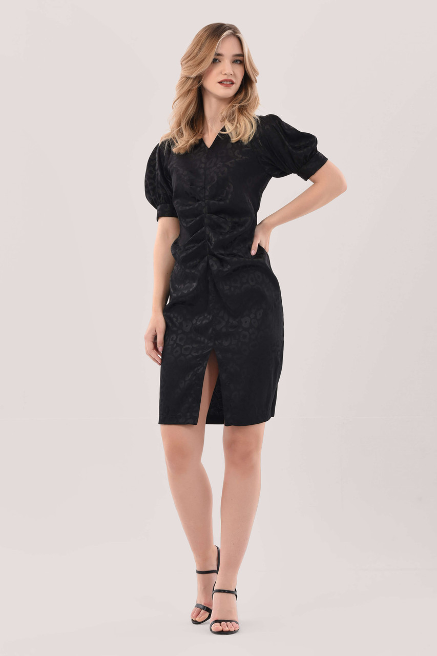 Closet London Black Pleated Bodycon Puff Sleeve Print Dress