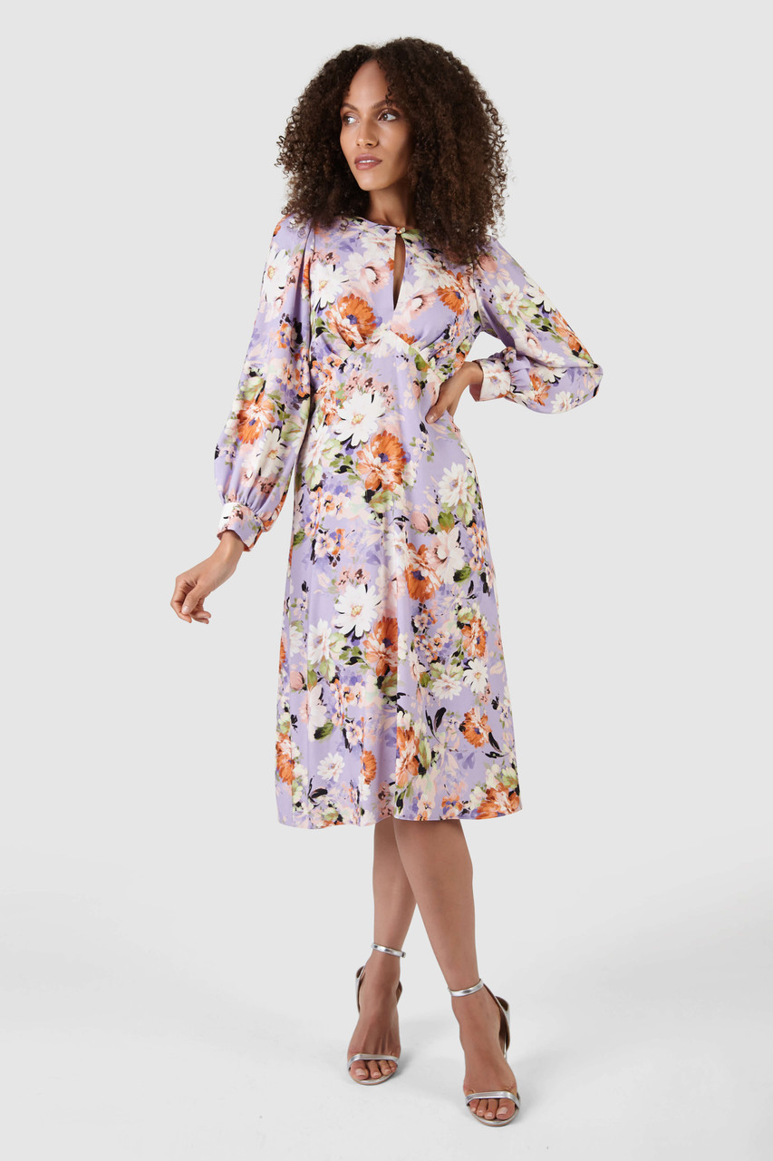 Closet London Purple Floral Print Puff Sleeve Dress