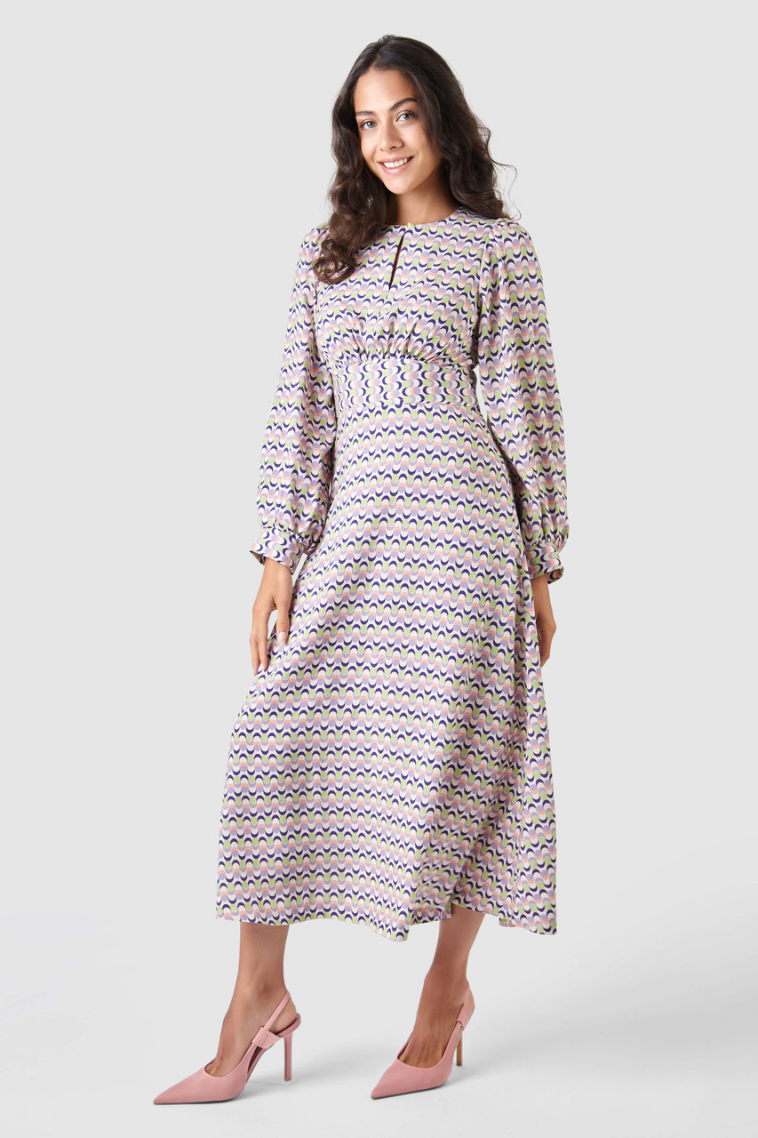 Closet London Purple Print Gathered Waist Puff Sleeve Midi Dress