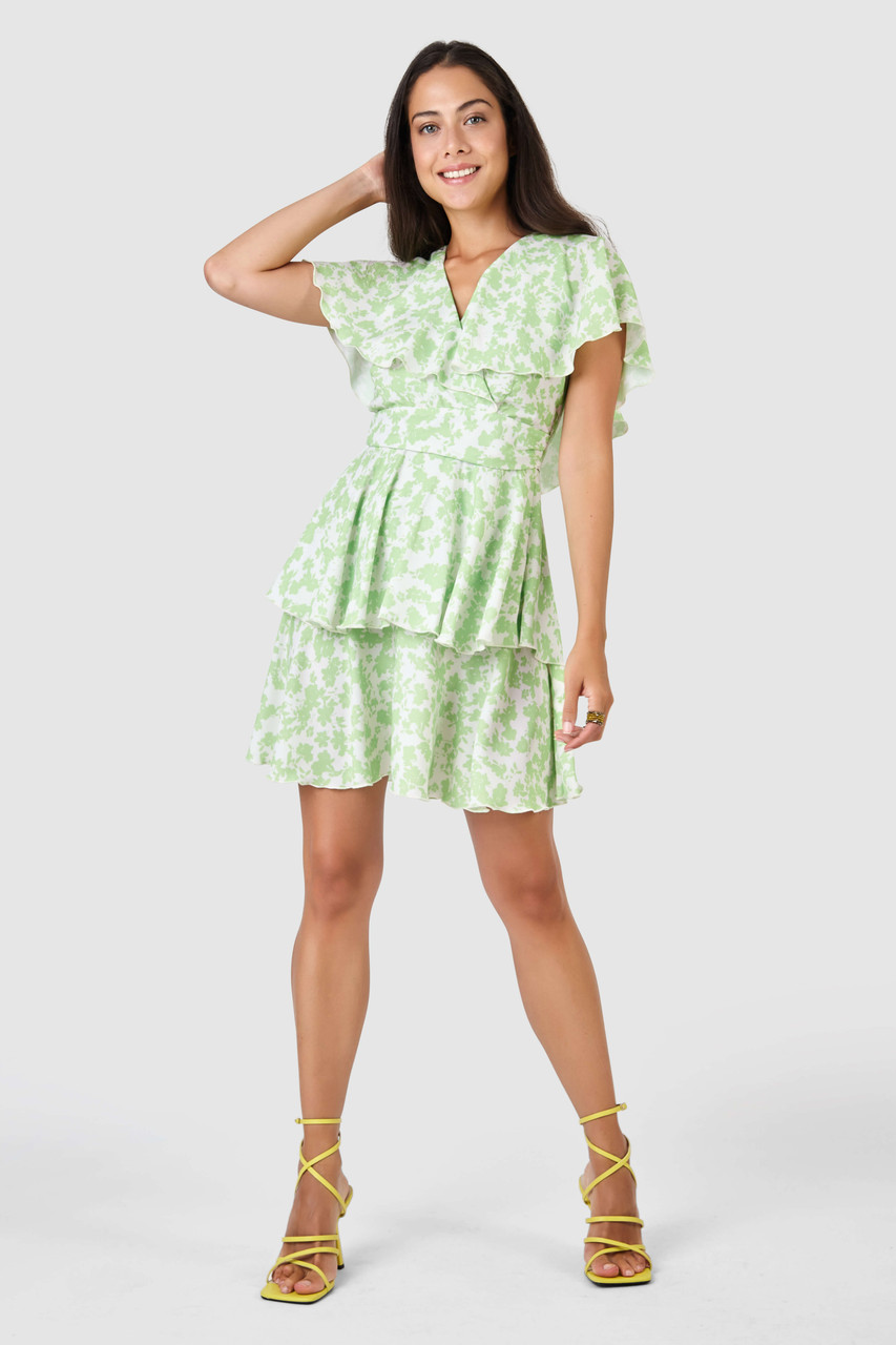 Closet London Lime Green Floral Print Frill Mini Dress