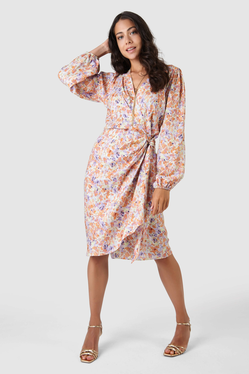 Closet London Peach Floral Print Pleated Wrap Dress