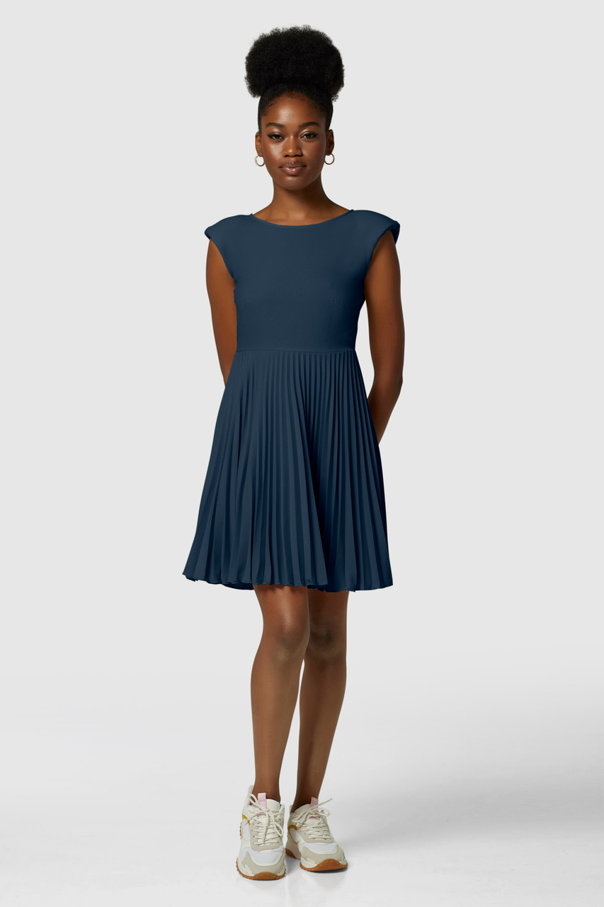 Closet London Navy Bardot Shoulder Pleated Dress