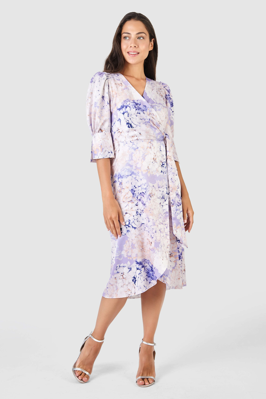 Closet London Purple Floral Print Tie Wrap Midi Dress