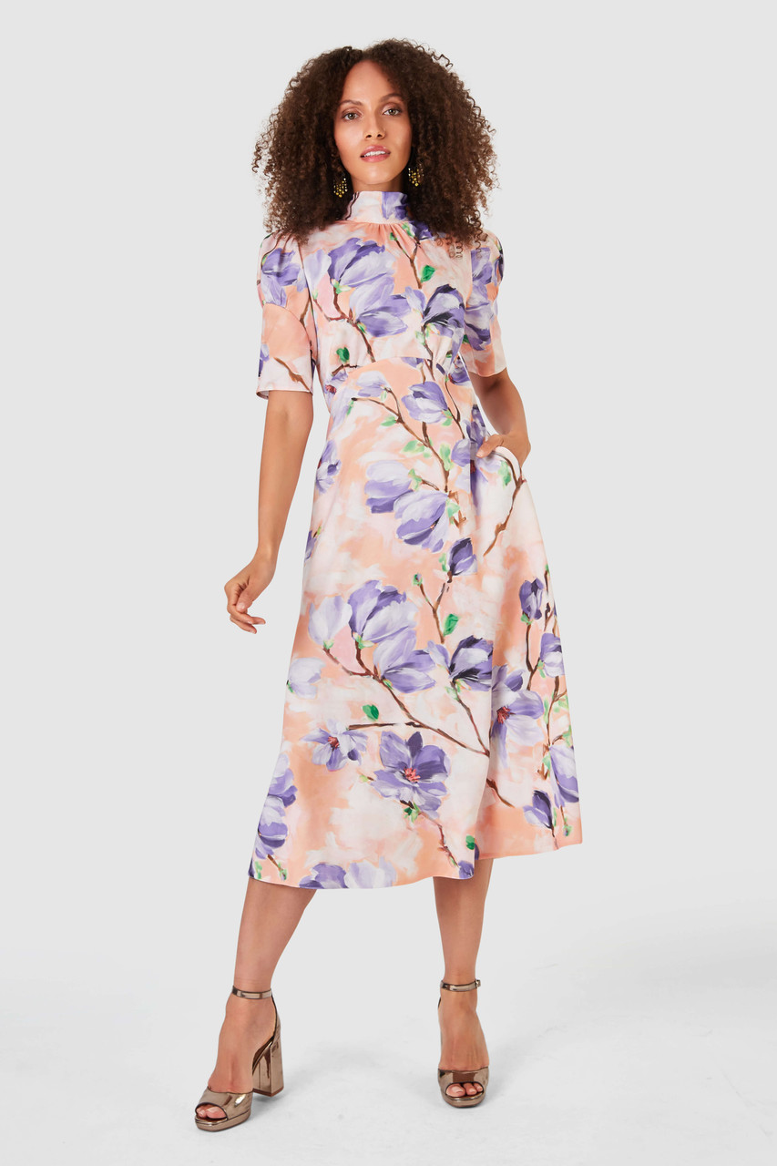 Closet London Peach  Purple Floral Print Tie Back A-Line Midi Dress