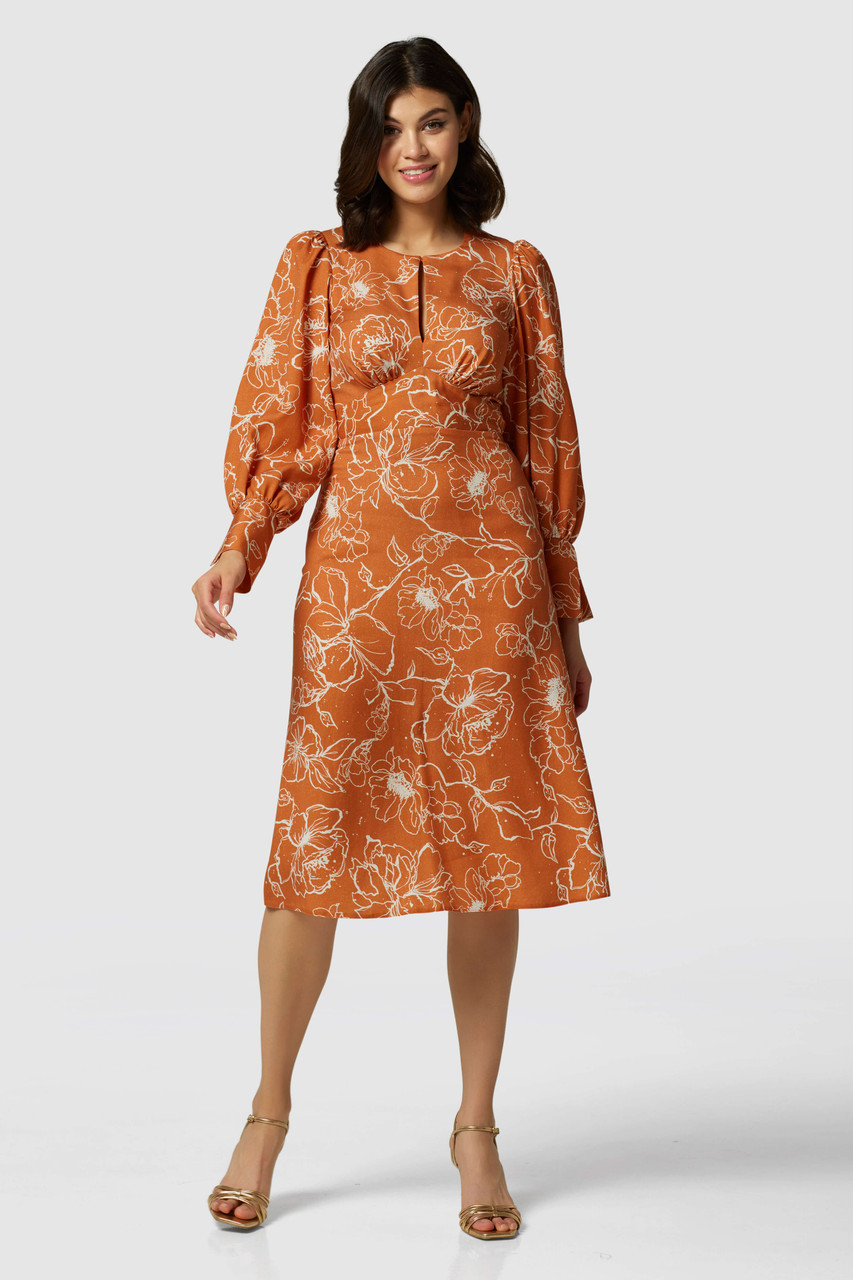Closet London Orange Floral Print Puff Sleeve Dress