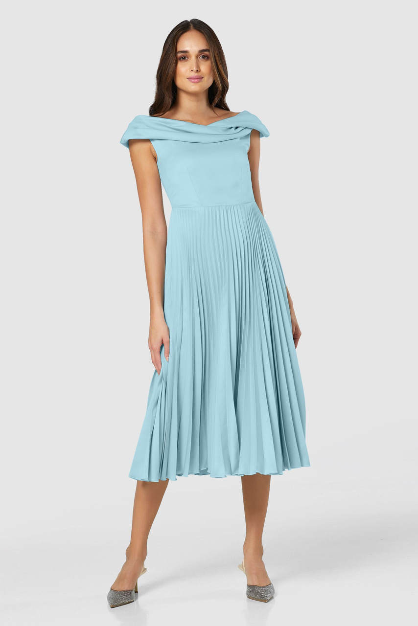 Closet London Blue Draped Neck Pleated Midi Dress