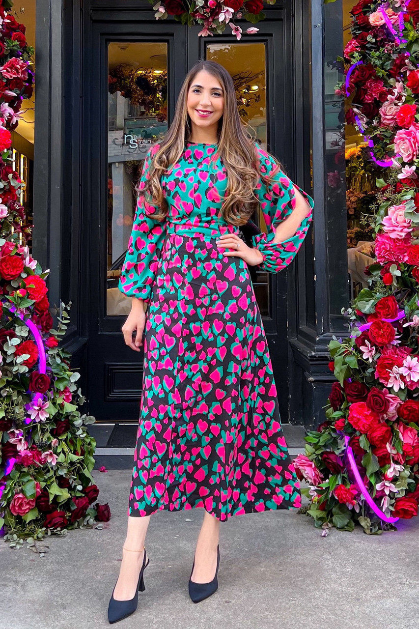 Closet London Green Heart Print Puff Sleeve Midi Dress