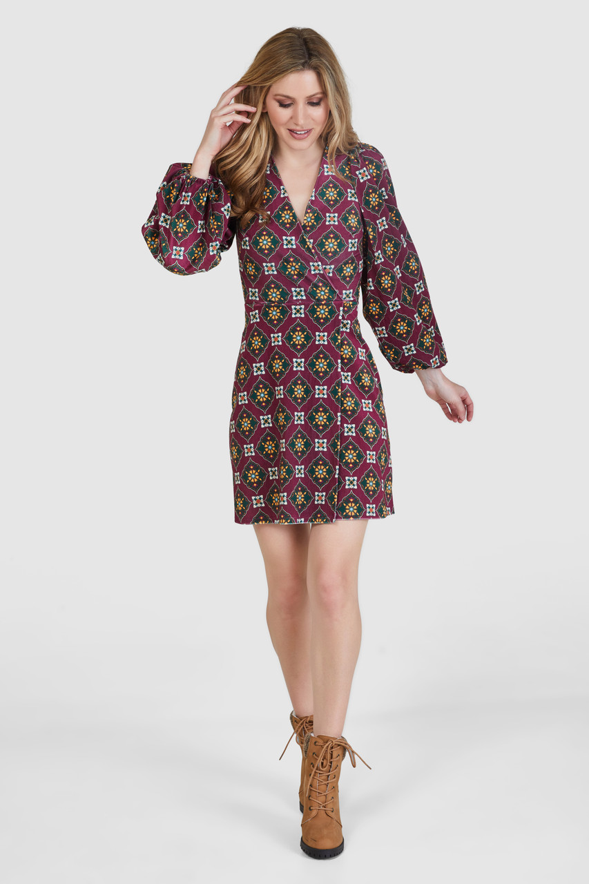 Closet London Maroon Velvet Print Puff Sleeve Short Dress