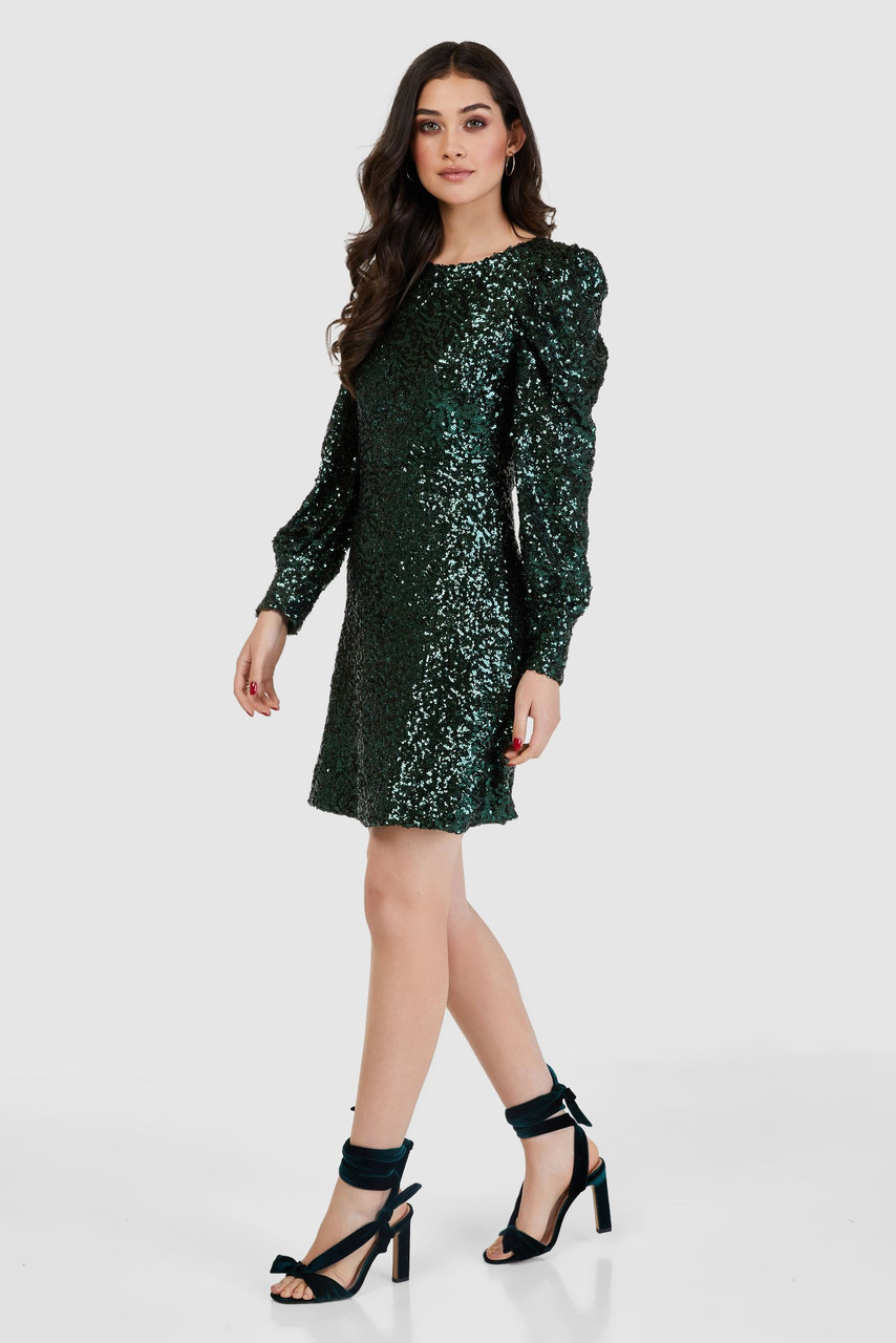 Closet London Forest Green Sequin Puff Sleeve Mini Dress