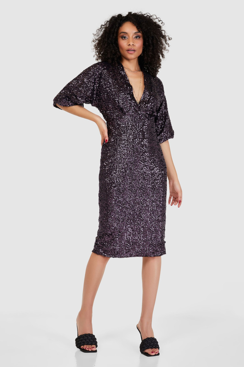 Closet London Purple Sequin Kimono Pencil Midi Dress