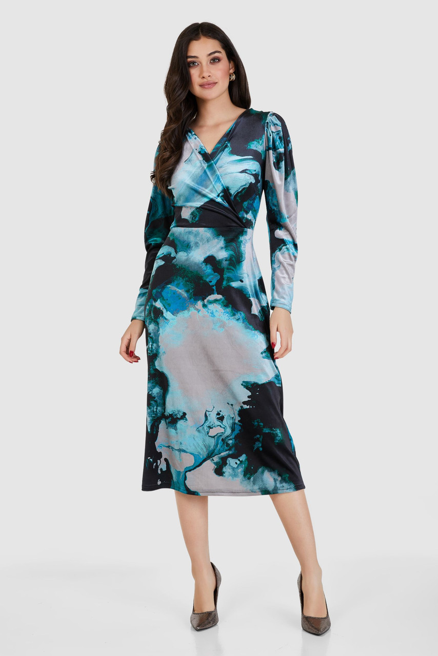 Closet London Teal Blue Print Velvet Wrap A-line Midi Dress