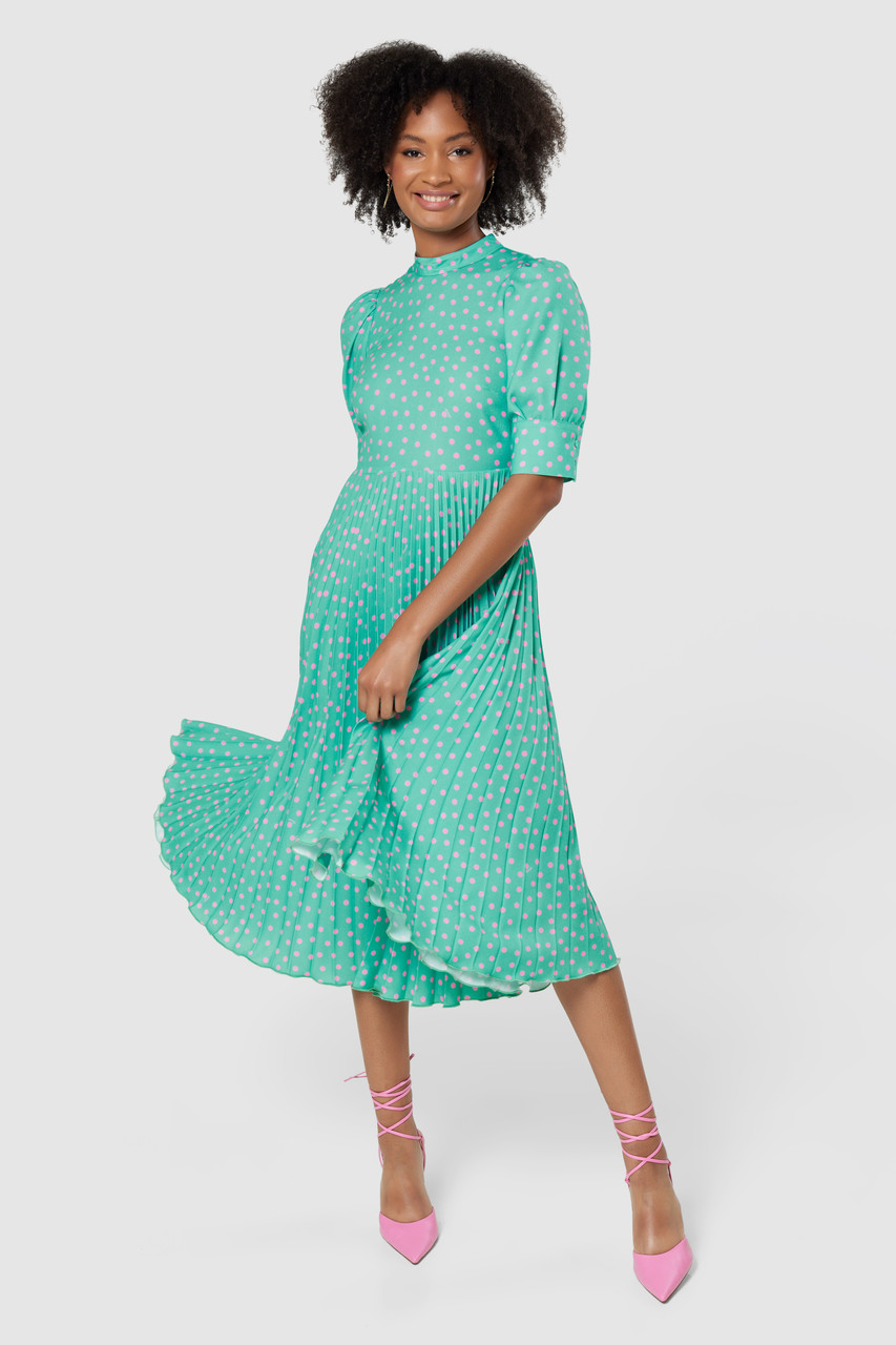 Closet London Mint Green Polka Print Pleated Dress