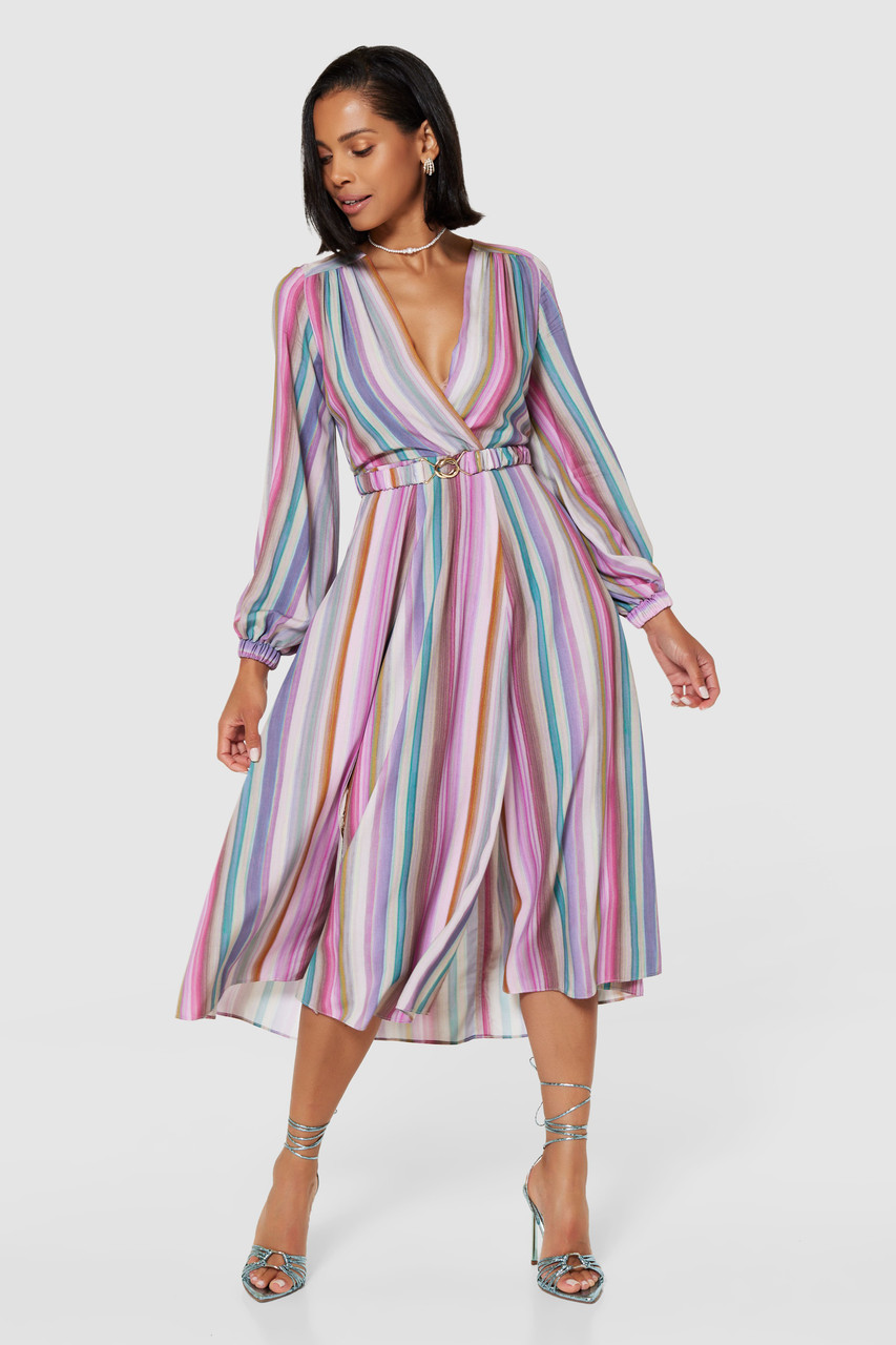 Closet London Pink  Stripe Wrap Dress