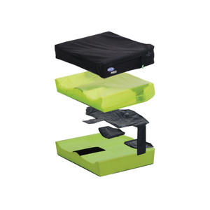 Invacare Matrx Libra Adjust wheelchair cushion exploded view showing Startex outer cover, Platilon inner liner, fluid sac, and contoured foam base