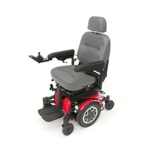 Red Invacare TDX SP2 Power Wheelchair with a comfortable gray Captain's seat, armrests, and joystick controls, positioned against a white background. Red Invacare TDX SP2 Power Wheelchair with a comfortable gray Captain's seat, armrests, and joystick controls, positioned against a white background.