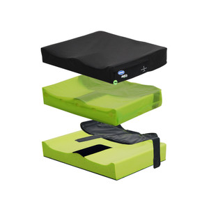 Invacare Matrx Libra wheelchair cushion exploded view showing Startex outer cover, Platilon inner liner, fluid sac, and contoured foam base