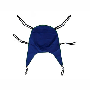 A blue and green padded divided leg sling from Proactive Medical with four black straps, designed for secure lifting or support, shown from above. A blue and green padded divided leg sling from Proactive Medical with four black straps, designed for secure lifting or support, shown from above.