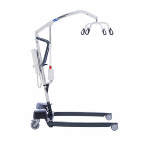 A medical patient lift, the Invacare Birdie Evo XPLUS, features a wheeled base, adjustable arm, and gripping slings for safe transfers. A medical patient lift, the Invacare Birdie Evo XPLUS, features a wheeled base, adjustable arm, and gripping slings for safe transfers.