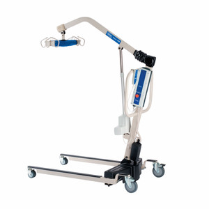 An Invacare Reliant 450 Battery-Powered Patient Lift with power-opening base (RPL450-2) with a curved arm, gripping handles, control panel, and wheels for easy maneuverability in care settings. An Invacare Reliant 450 Battery-Powered Patient Lift with power-opening base (RPL450-2) with a curved arm, gripping handles, control panel, and wheels for easy maneuverability in care settings.