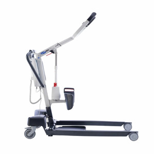 An Invacare ISA XPLUS Stand-Up Electric Patient Lift with a sleek design, featuring a handle, harness, and wheeled base for easy maneuverability and patient transfer. An Invacare ISA XPLUS Stand-Up Electric Patient Lift with a sleek design, featuring a handle, harness, and wheeled base for easy maneuverability and patient transfer.