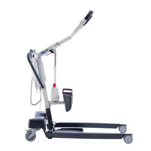 An Invacare ISA XPLUS Stand-Up Electric Patient Lift with a sleek design, featuring a handle, harness, and wheeled base for easy maneuverability and patient transfer.
