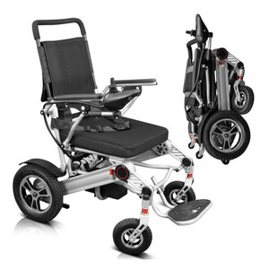A Vive Health Lightweight Foldable Power Wheelchair with a sleek design, featuring a joystick control, comfortable seating, and a foldable frame for easy transport. A Vive Health Lightweight Foldable Power Wheelchair with a sleek design, featuring a joystick control, comfortable seating, and a foldable frame for easy transport.