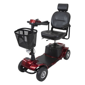 A red Vive Series C scooter featuring a comfortable black seat, armrests, a basket, and sturdy wheels for accessibility and convenience. A red Vive Series C scooter featuring a comfortable black seat, armrests, a basket, and sturdy wheels for accessibility and convenience.