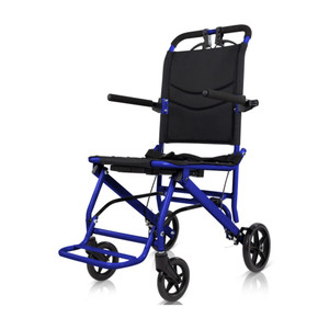 A lightweight blue durable transport wheelchair with a black seat and backrest, featuring two handles and swivel wheels for easy maneuverability. A lightweight blue durable transport wheelchair with a black seat and backrest, featuring two handles and swivel wheels for easy maneuverability.