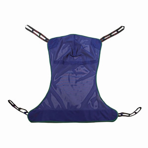 A blue mesh fabric sling for mobility with adjustable straps, designed for safety and support in seating applications, viewed from above. A blue mesh fabric sling for mobility with adjustable straps, designed for safety and support in seating applications, viewed from above.