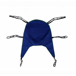 A blue fabric patient lift sling with multiple black straps, designed for securing or lifting, laid flat on a white background. A blue fabric patient lift sling with multiple black straps, designed for securing or lifting, laid flat on a white background.