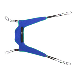 A blue durable toileting sling with green trim and multiple attachment points, designed for safe patient lift transfers A blue durable toileting sling with green trim and multiple attachment points, designed for safe patient lift transfers