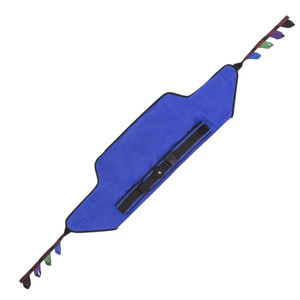 A blue Invacare Reliant standing sling with a black strap, featuring colorful tabs on each side for easy positioning to sit to stand patient lift A blue Invacare Reliant standing sling with a black strap, featuring colorful tabs on each side for easy positioning to sit to stand patient lift