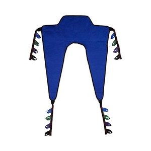 Blue adjustable Reliant transfer sling with black edging and multicolored looped straps for secure handling. Ideal for medical or support use. Blue adjustable Reliant transfer sling with black edging and multicolored looped straps for secure handling. Ideal for medical or support use.
