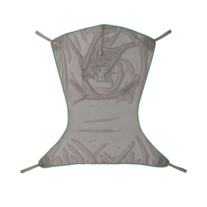 A gray polyester fabric medical transfer sling with green trim and multiple buttons, designed for secure patient transfers. Adjustable straps on the sides. A gray polyester fabric medical transfer sling with green trim and multiple buttons, designed for secure patient transfers. Adjustable straps on the sides.