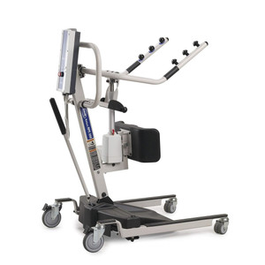 A mobile patient lift with a supportive seat, adjustable handles, and wheels for easy maneuvering in healthcare settings. A mobile patient lift with a supportive seat, adjustable handles, and wheels for easy maneuvering in healthcare settings.