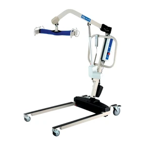 A mobile patient lift with a blue sling attachment, designed for safe patient transfers. It features a sturdy base and adjustable arm.
