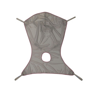 A gray polyester Invacare full body sling with purple trim and an oval commode opening at the center and side straps, designed for support and comfort. A gray polyester Invacare full body sling with purple trim and an oval commode opening at the center and side straps, designed for support and comfort.