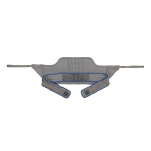 A gray and blue comfortable stand assist sling with adjustable belt, designed for supporting body movement or assisting in lifting tasks. A gray and blue comfortable stand assist sling with adjustable belt, designed for supporting body movement or assisting in lifting tasks.