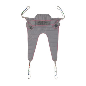 A gray Invacare Premier Transfer Stand Assist Sling with adjustable straps - front view of padded patient sling for sit-to-stand transfers A gray Invacare Premier Transfer Stand Assist Sling with adjustable straps - front view of padded patient sling for sit-to-stand transfers
