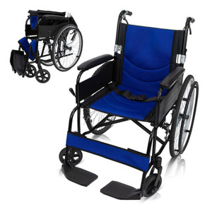 Foldable Vive Air Frame Ultra-Lightweight Wheelchair with blue seat and backrest, shown next to its collapsed form for travel storage. Foldable Vive Air Frame Ultra-Lightweight Wheelchair with blue seat and backrest, shown next to its collapsed form for travel storage.