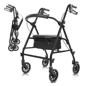 A black Vive Core Rollator with a padded seat and storage pouch, shown upright next to a folded version for easy transport. A black Vive Core Rollator with a padded seat and storage pouch, shown upright next to a folded version for easy transport.