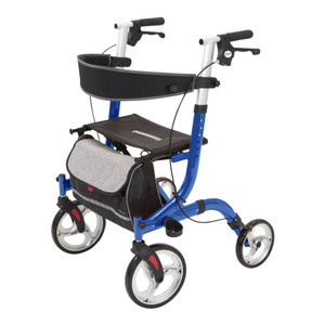 Vive Health Everglide Rollator Model S in blue, featuring large front wheels, ergonomic hand brakes, a padded seat, and an under-seat storage bag. Vive Health Everglide Rollator Model S in blue, featuring large front wheels, ergonomic hand brakes, a padded seat, and an under-seat storage bag.