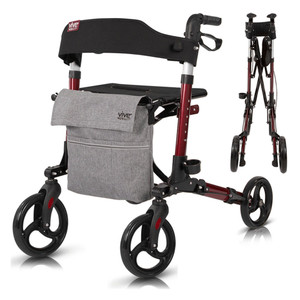 Red Vive Mobility SunStride rollator walker with padded seat and backrest, large front wheels, and foldable frame shown in both open and compact positions. Red Vive Mobility SunStride rollator walker with padded seat and backrest, large front wheels, and foldable frame shown in both open and compact positions.