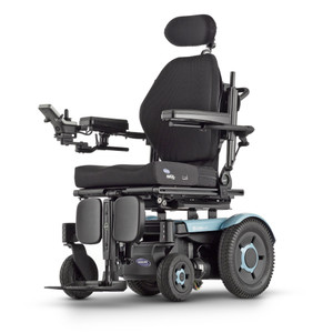 Invacare Storm Torque RX 20 Power Wheelchair (SRX-20MP) with black cushioned seat, headrest, armrests, and footrest; joystick controller mounted on left armrest. Large rear wheels and compact front casters shown for stability and maneuverability. Invacare Storm Torque RX 20 Power Wheelchair (SRX-20MP) with black cushioned seat, headrest, armrests, and footrest; joystick controller mounted on left armrest. Large rear wheels and compact front casters shown for stability and maneuverability.