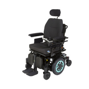 Invacare TDX SP2 HD power wheelchair with black cushioned seat, headrest, adjustable armrests and footrests, and turquoise-accented rear wheels, designed for heavy-duty mobility and user comfort. Invacare TDX SP2 HD power wheelchair with black cushioned seat, headrest, adjustable armrests and footrests, and turquoise-accented rear wheels, designed for heavy-duty mobility and user comfort.
