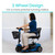 A woman sits on a blue Vive Health 3-Wheel Electric Mobility Scooter, which features a comfortable seat and a front basket for carrying items.