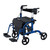A blue wheeled walker with a padded seat, adjustable handles, and a storage bag, designed for mobility assistance. A blue wheeled walker with a padded seat, adjustable handles, and a storage bag, designed for mobility assistance.