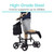 A person riding the Vive Knee Walker outdoors with their right leg resting on the contoured knee pad. The black mobility scooter features four sturdy wheels, adjustable handlebars, and a high-grade steel frame. A front-mounted storage bag is attached, and bold text overlay reads: 'High-Grade Steel Frame supports up to 300lbs. A person riding the Vive Knee Walker outdoors with their right leg resting on the contoured knee pad. The black mobility scooter features four sturdy wheels, adjustable handlebars, and a high-grade steel frame. A front-mounted storage bag is attached, and bold text overlay reads: 'High-Grade Steel Frame supports up to 300lbs.